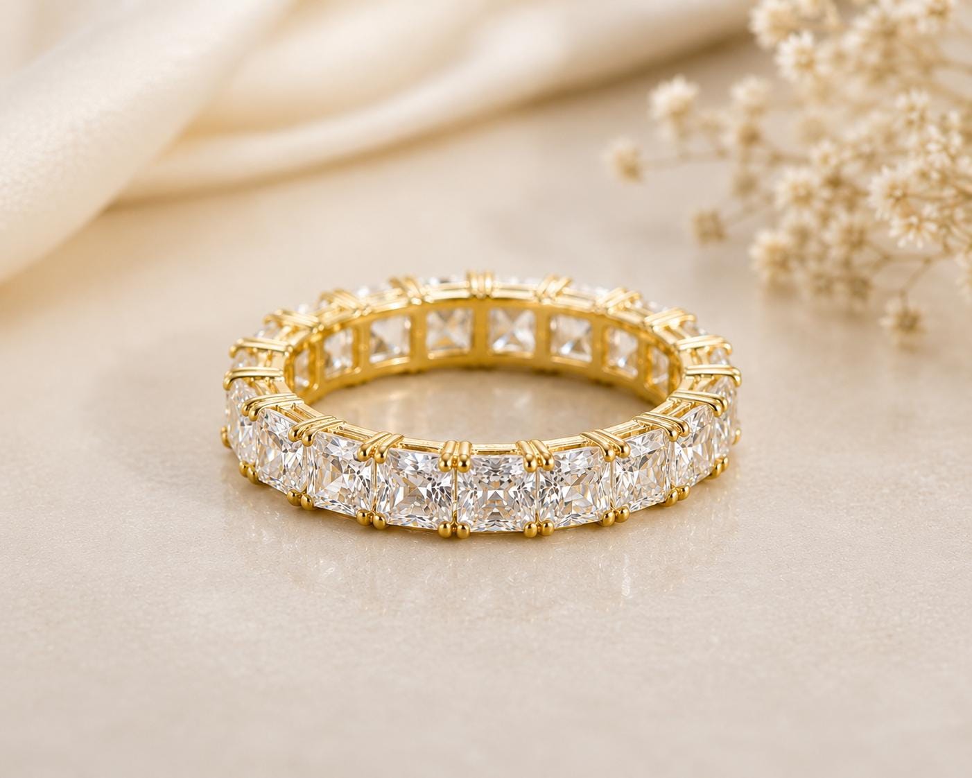 925 Sterling Silver Princess Cut CZ Eternity Ring, Stackable Bridal Band