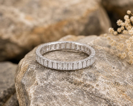 Sterling Silver Emerald Cut CZ Full Eternity Band Ring, Minimalist Bridal Anniversary Ring