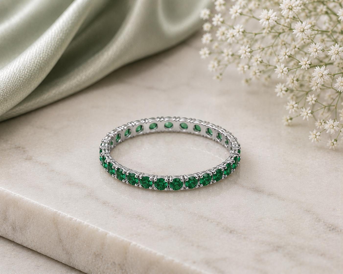 925 Sterling Silver Emerald Green CZ Full Eternity Ring, Stackable Wedding Band Gift