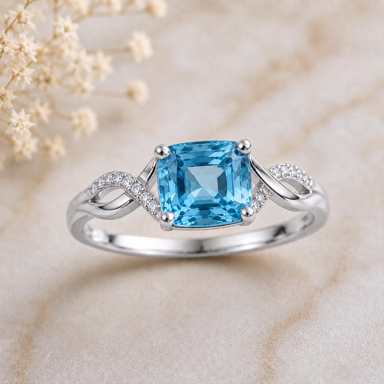 925 Sterling Silver Cushion Cut Blue Topaz Ring, Infinity Band, December Birthstone Gift