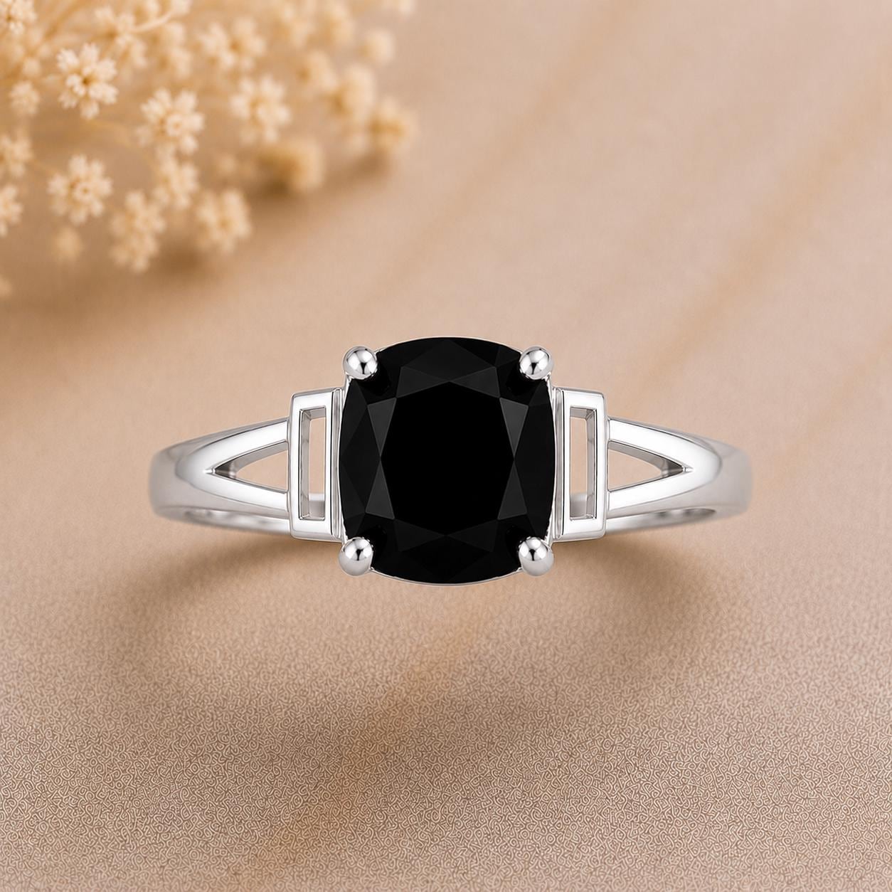 Sterling Silver Cushion Cut Black Onyx Ring, Geometric Split Shank Statement Ring