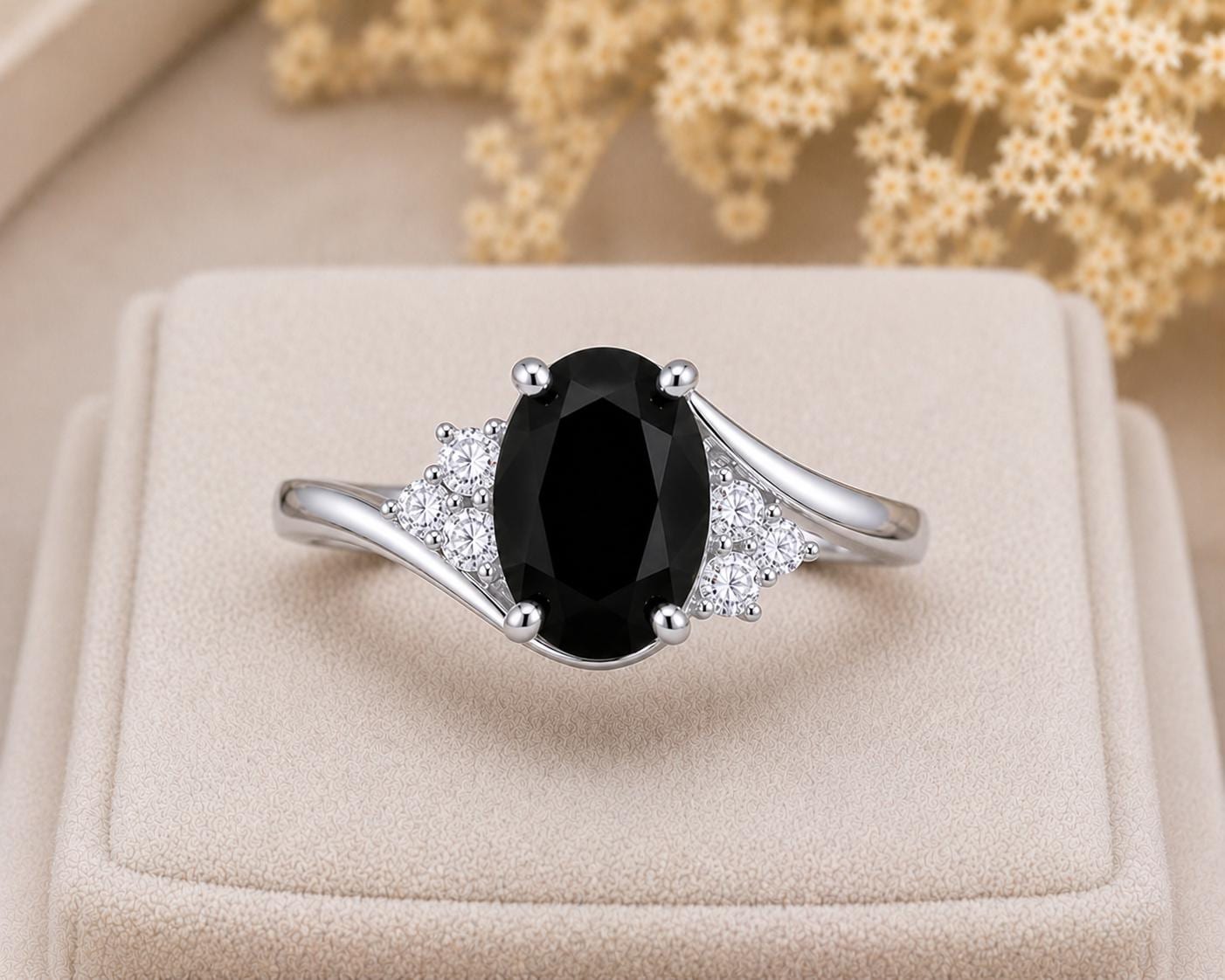 925 Sterling Silver Oval Black Onyx Ring, Vintage CZ Cluster Promise Ring