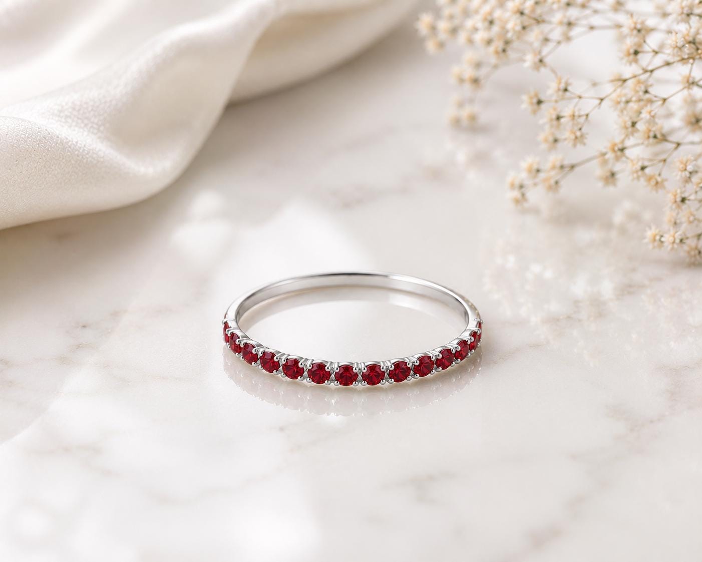 Sterling Silver Ruby CZ Eternity Band Ring, Minimalist Stackable Wedding Anniversary Promise Ring