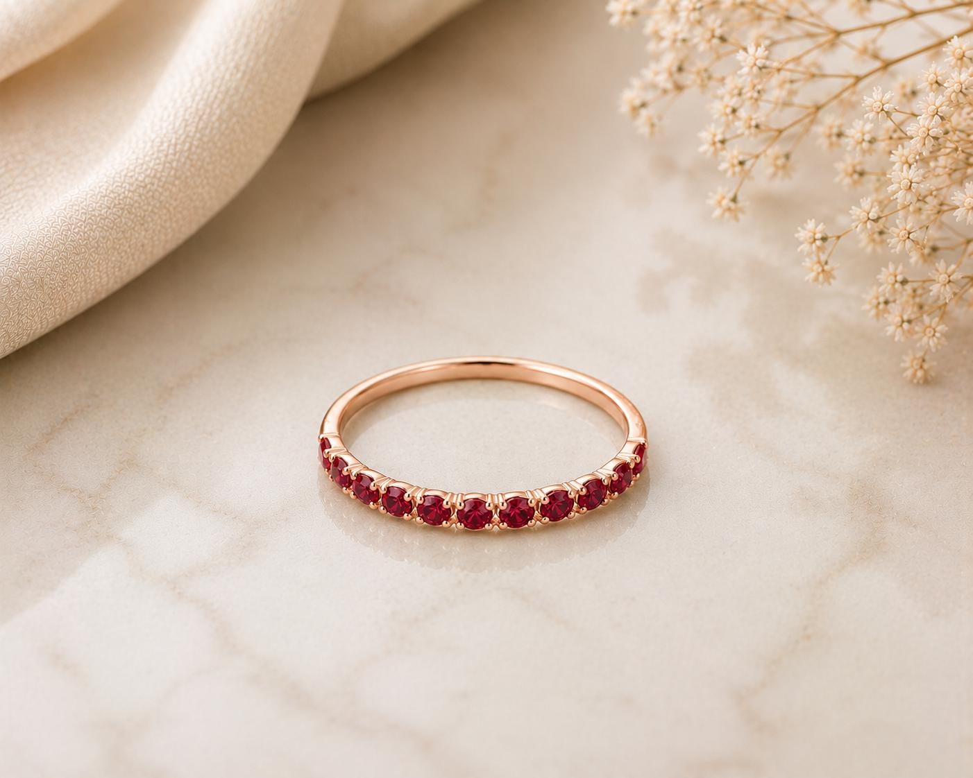 Sterling Silver Ruby CZ Eternity Band Ring, Minimalist Stackable Wedding Anniversary Promise Ring