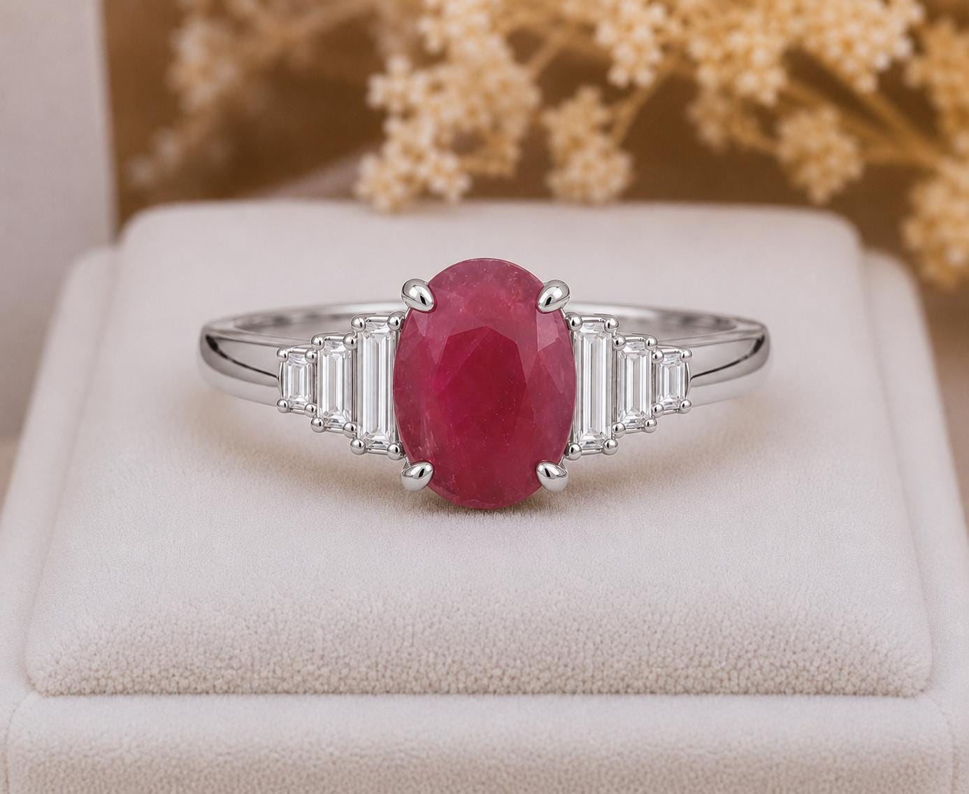 Oval Indian Ruby Engagement Ring, 925 Sterling Silver, Baguette CZ Accents