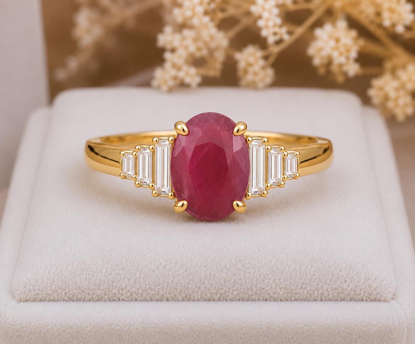 Oval Indian Ruby Engagement Ring, 925 Sterling Silver, Baguette CZ Accents