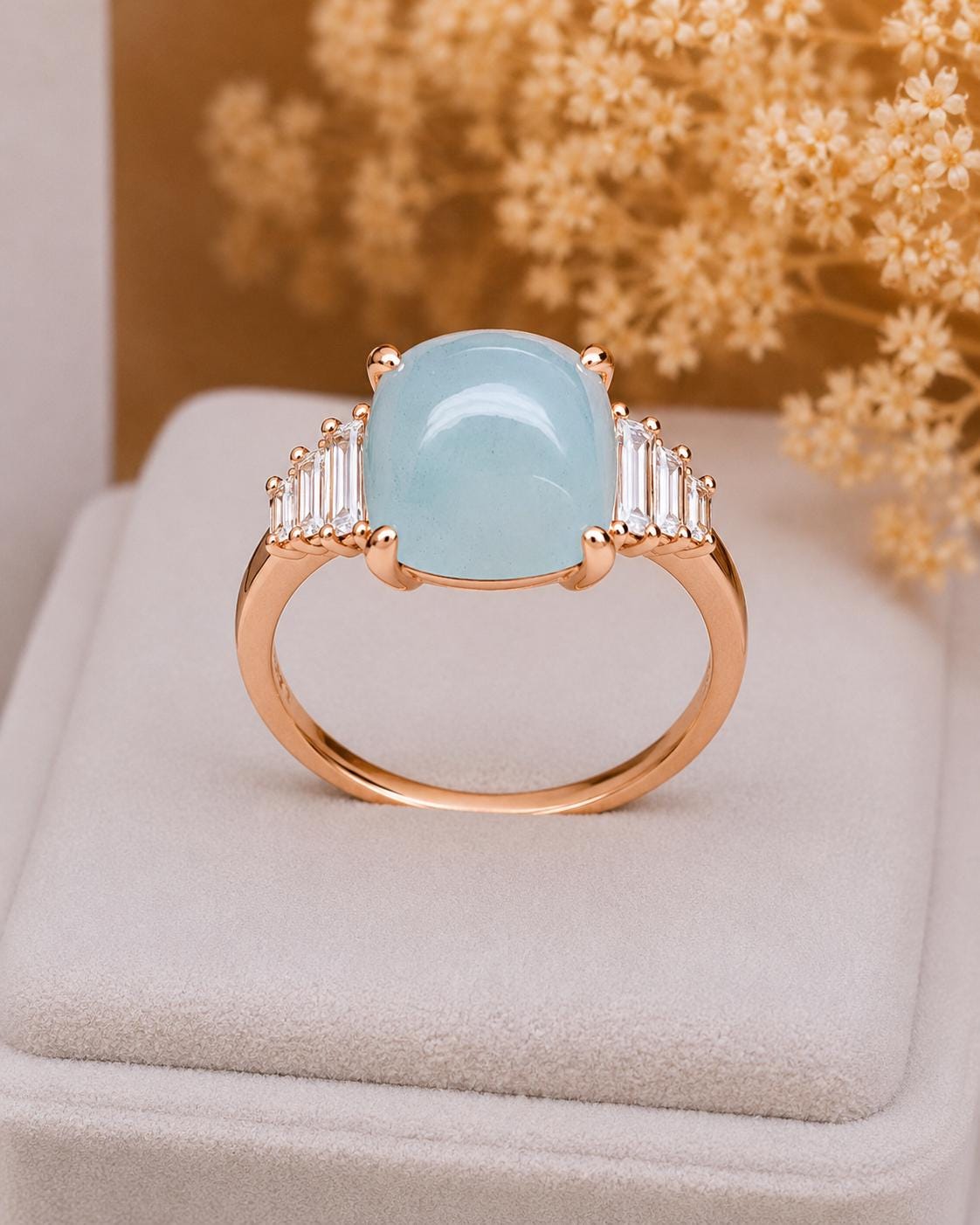 Cushion Aquamarine Ring, Sterling Silver, Baguette CZ Accents, March Birthstone Engagement Ring