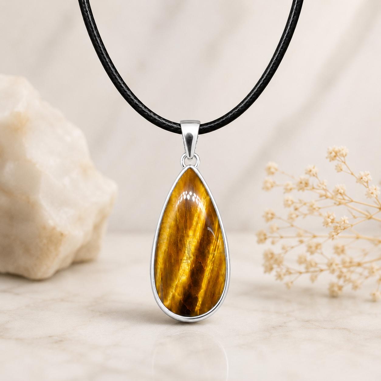 Sterling Silver Teardrop Tiger Eye Pendant Necklace, Protection Stone Jewelry