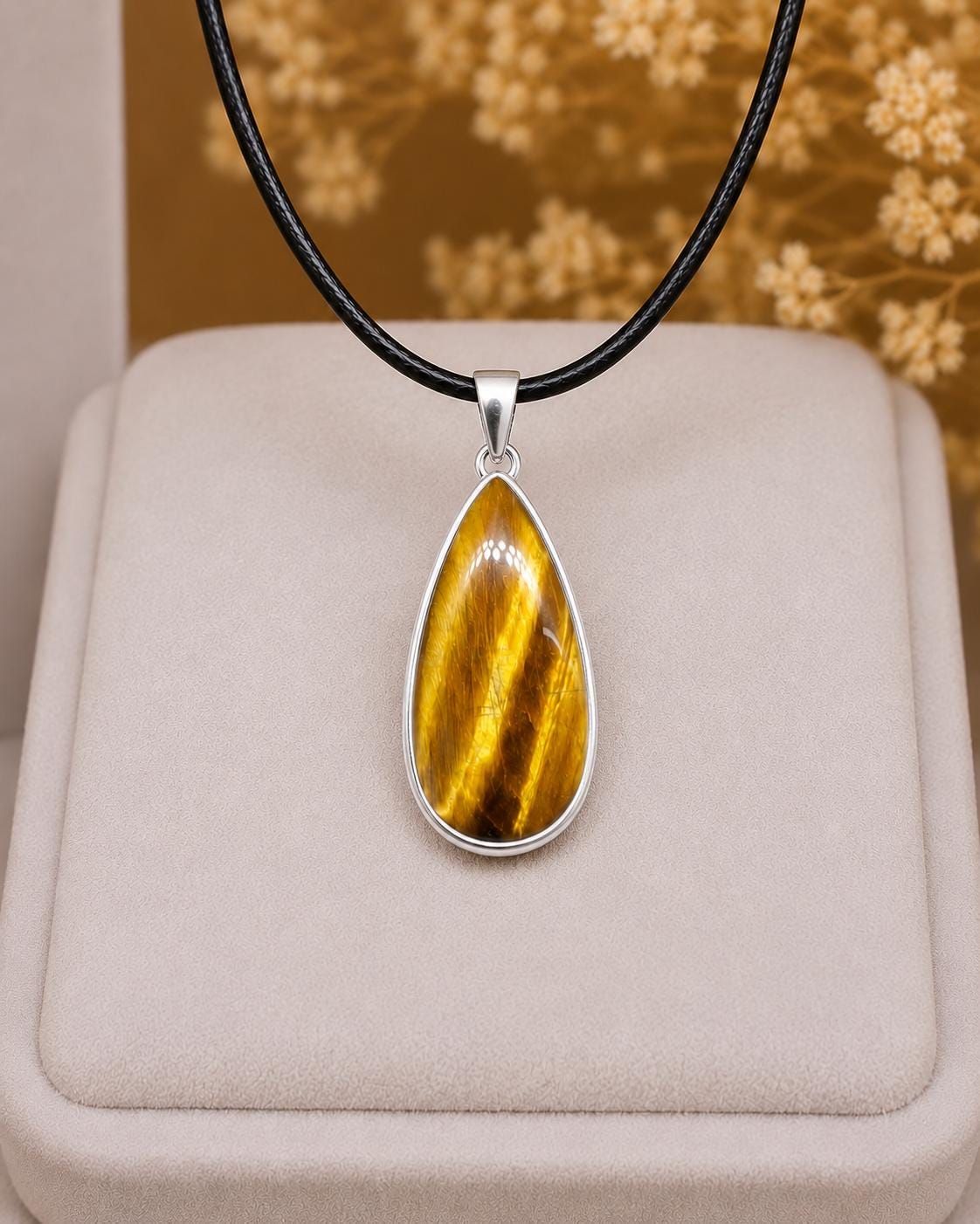 Sterling Silver Teardrop Tiger Eye Pendant Necklace, Protection Stone Jewelry
