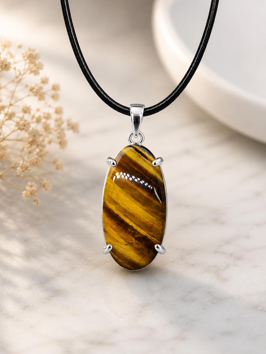 925 Sterling Silver Oval Tiger Eye Pendant Necklace, Boho Gemstone Jewelry