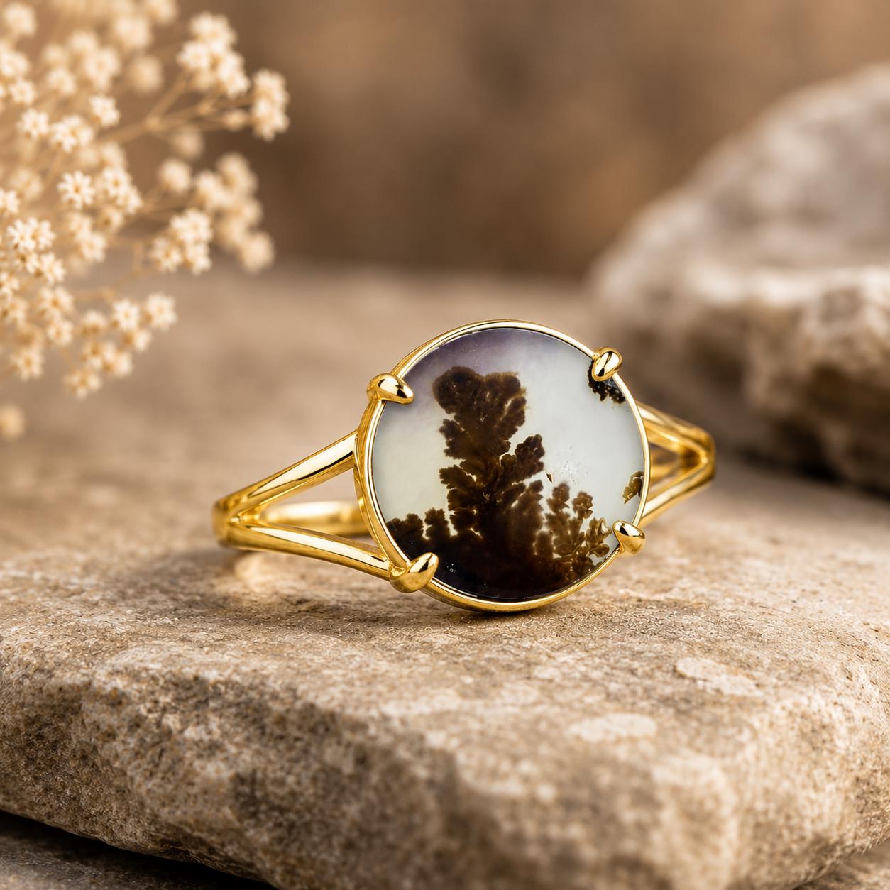 Shazar Dendrite Agate Statement Ring, Sterling Silver Nature Jewelry