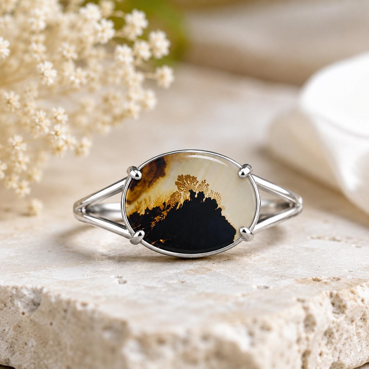 Shazar Dendrite Agate Ring, Oval Sterling Silver Nature Statement Ring