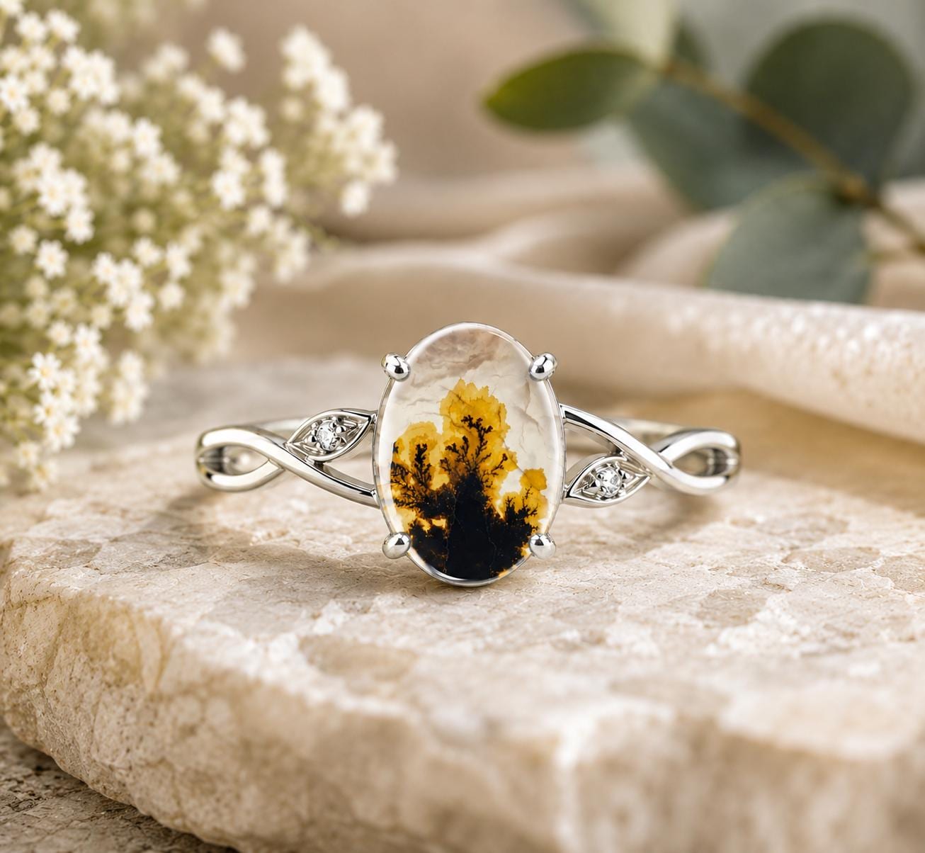 Shazar Dendrite Agate Ring, Oval Sterling Silver Nature Inspired Leaf Vine Jewelry