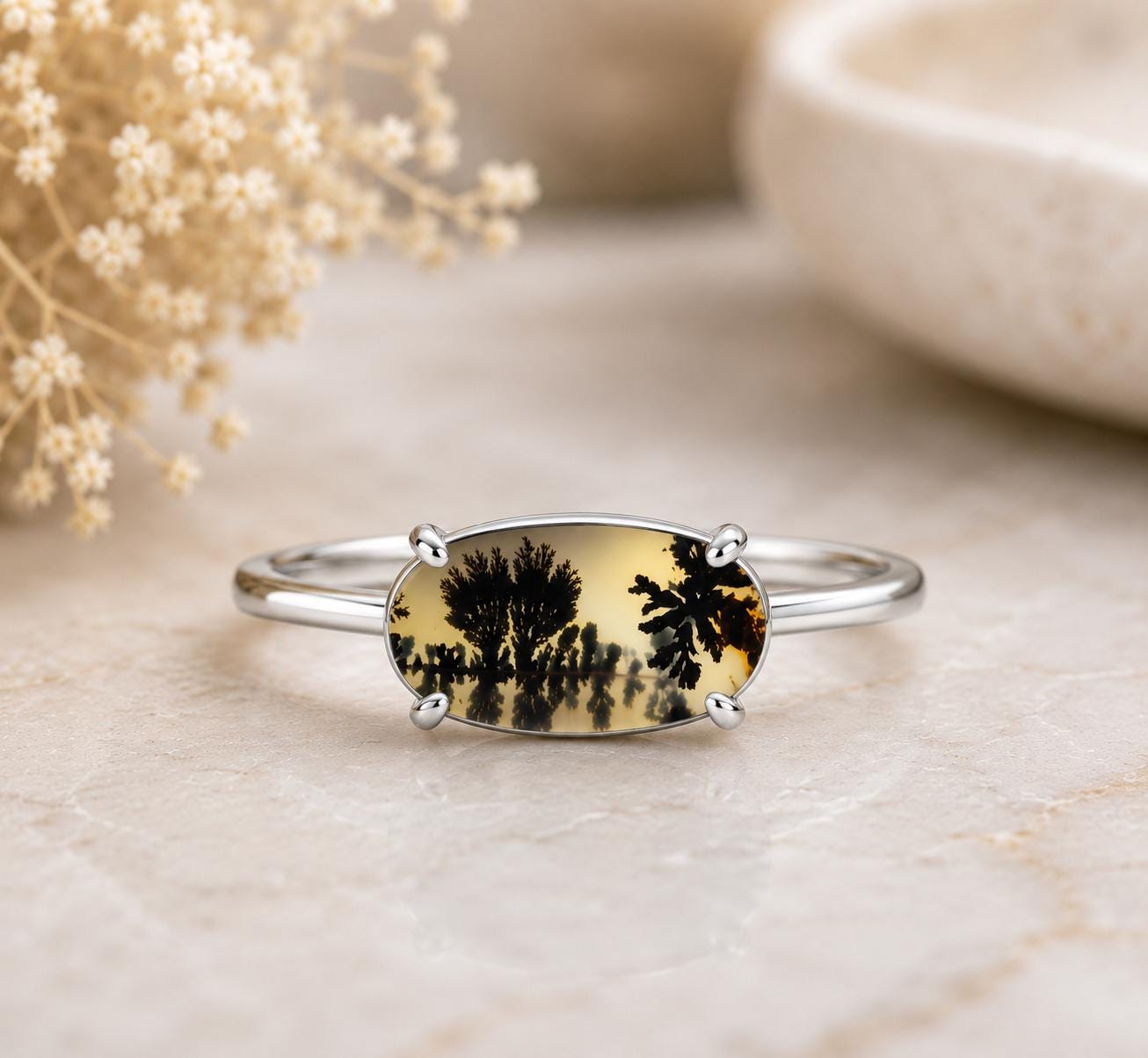 Shazar Dendrite Agate Ring, Sterling Silver Landscape Nature Jewelry