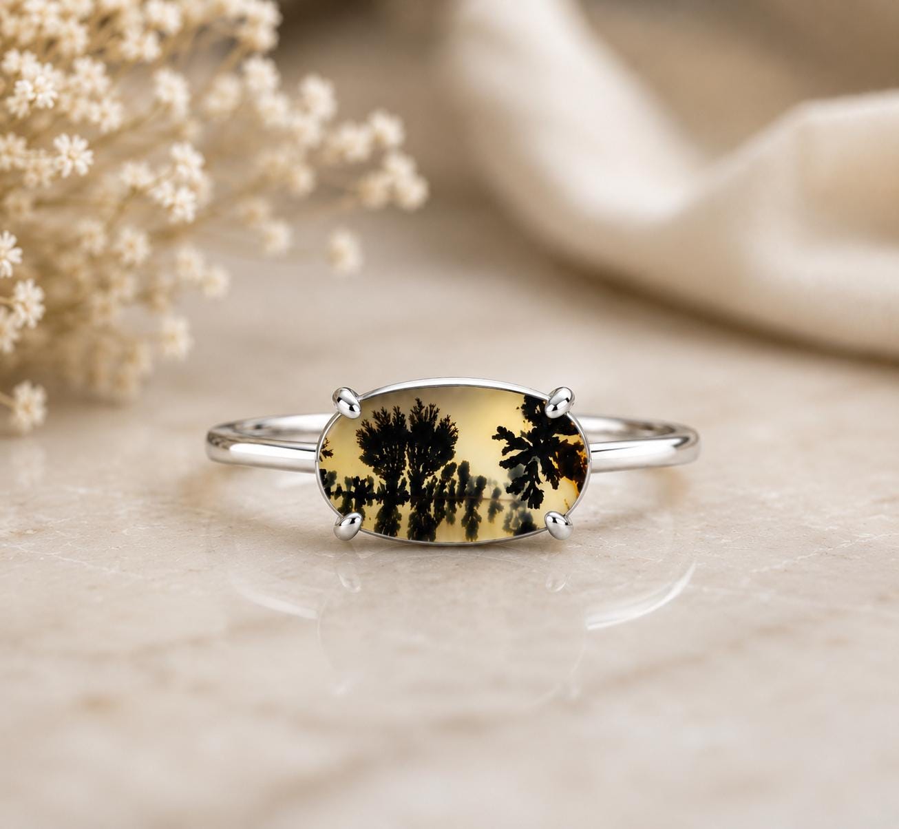 Shazar Dendrite Agate Ring, Sterling Silver Landscape Nature Jewelry