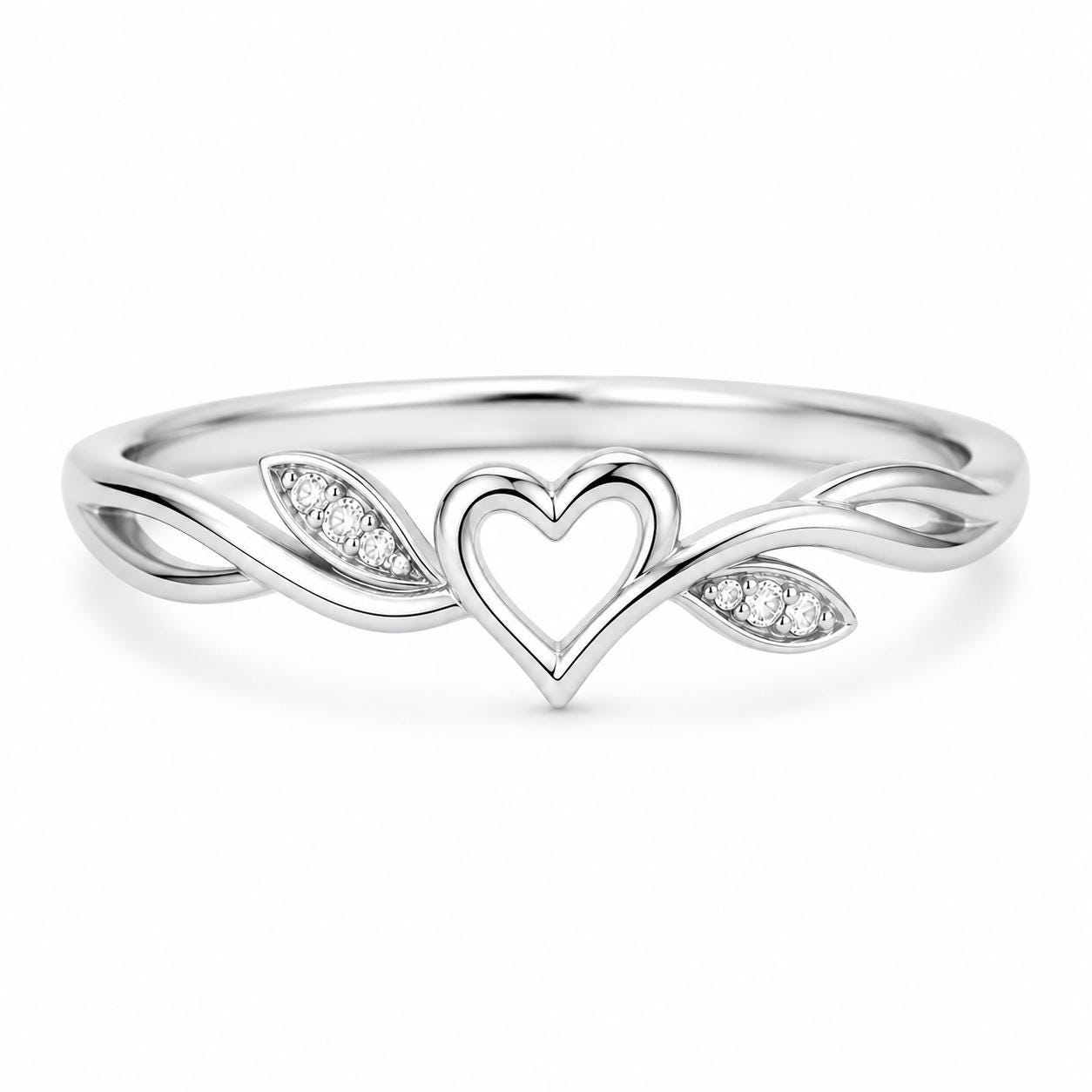 925 Sterling Silver Open Heart Ring with CZ Leaf Accents, Minimalist Promise Band