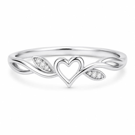 925 Sterling Silver Open Heart Ring with CZ Leaf Accents, Minimalist Promise Band