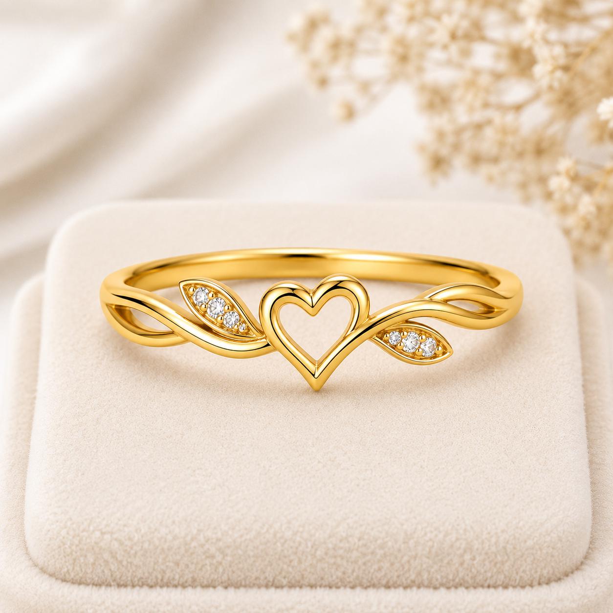 925 Sterling Silver Open Heart Ring with CZ Leaf Accents, Minimalist Promise Band