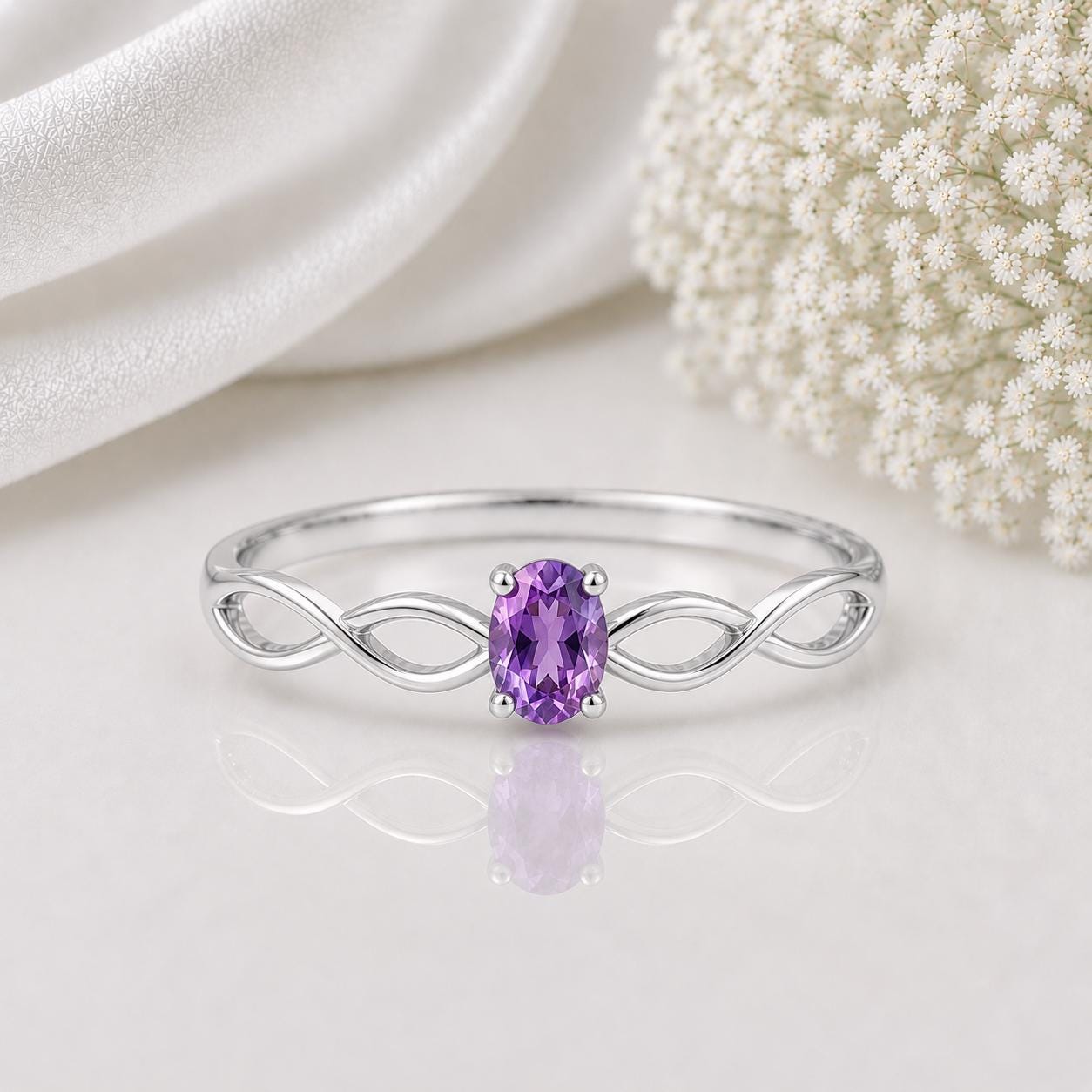 925 Sterling Silver Oval Amethyst Infinity Ring, February Birthstone, Dainty Purple Gemstone