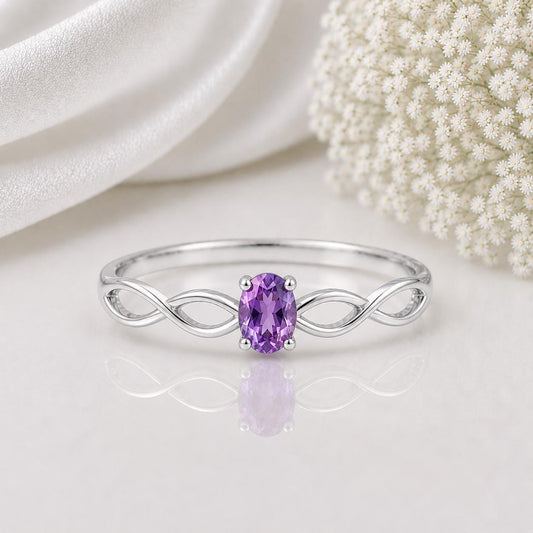 925 Sterling Silver Oval Amethyst Infinity Ring, February Birthstone, Dainty Purple Gemstone