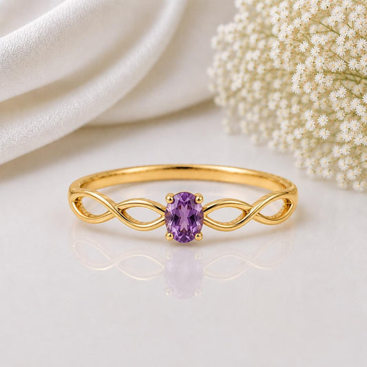 925 Sterling Silver Oval Amethyst Infinity Ring, February Birthstone, Dainty Purple Gemstone