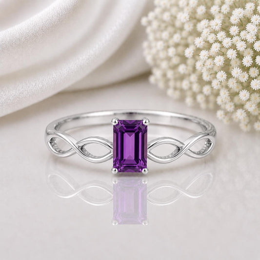 Sterling Silver Emerald Cut Amethyst Infinity Ring, February Birthstone Jewelry
