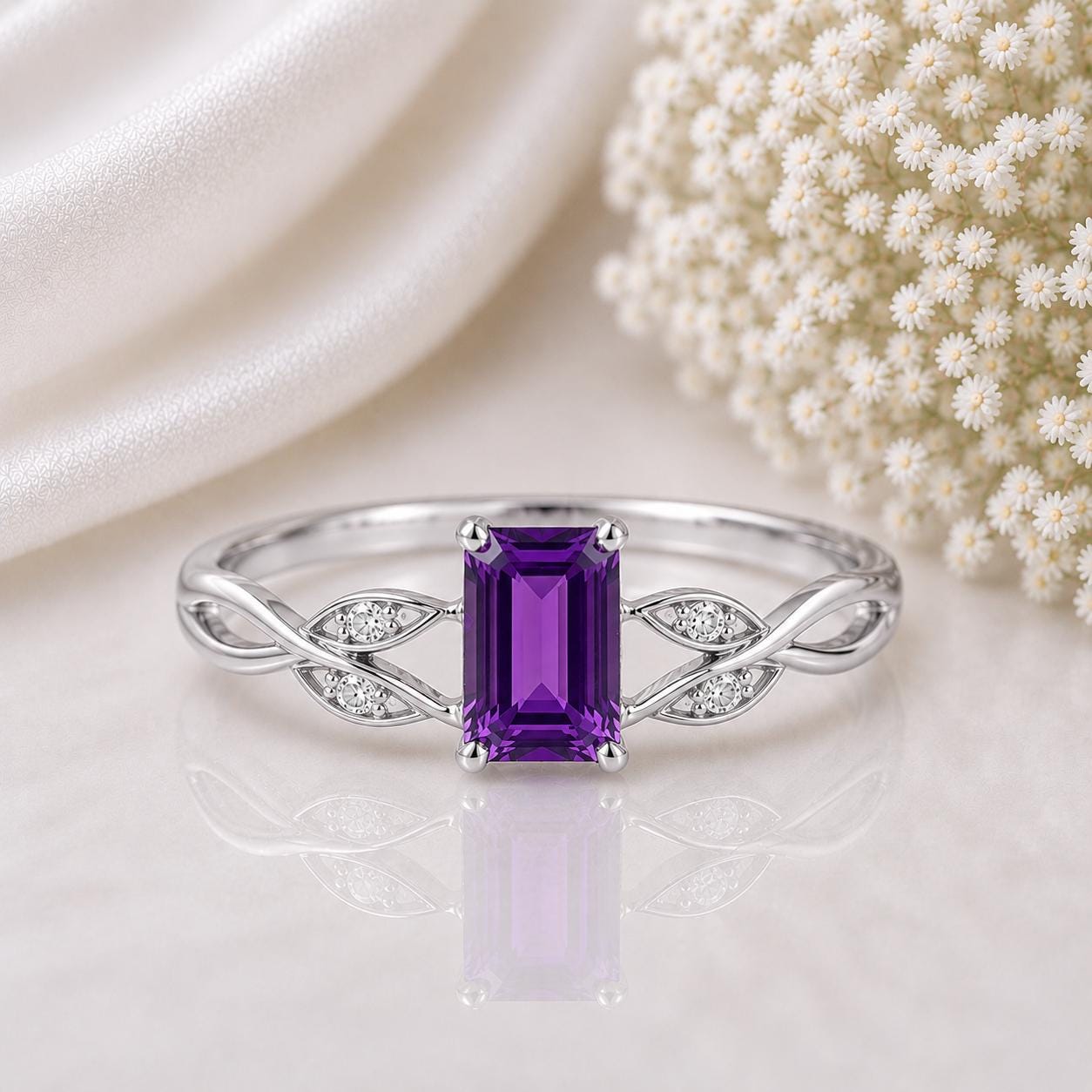 Sterling Silver Emerald Cut Amethyst Ring, Vine Leaf Nature Inspired February Birthstone