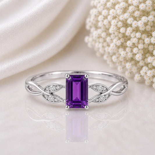 Sterling Silver Emerald Cut Amethyst Ring, Vine Leaf Nature Inspired February Birthstone