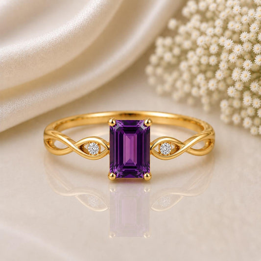Sterling Silver Emerald Cut Amethyst Infinity Ring, February Birthstone, Purple Gemstone