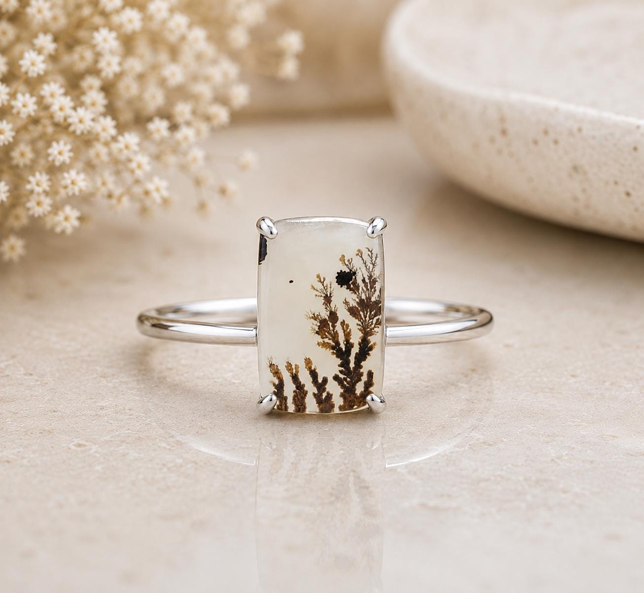Shazar Dendrite Agate Ring, Sterling Silver, Rectangle Nature Gemstone, Minimalist Artisan Jewelry