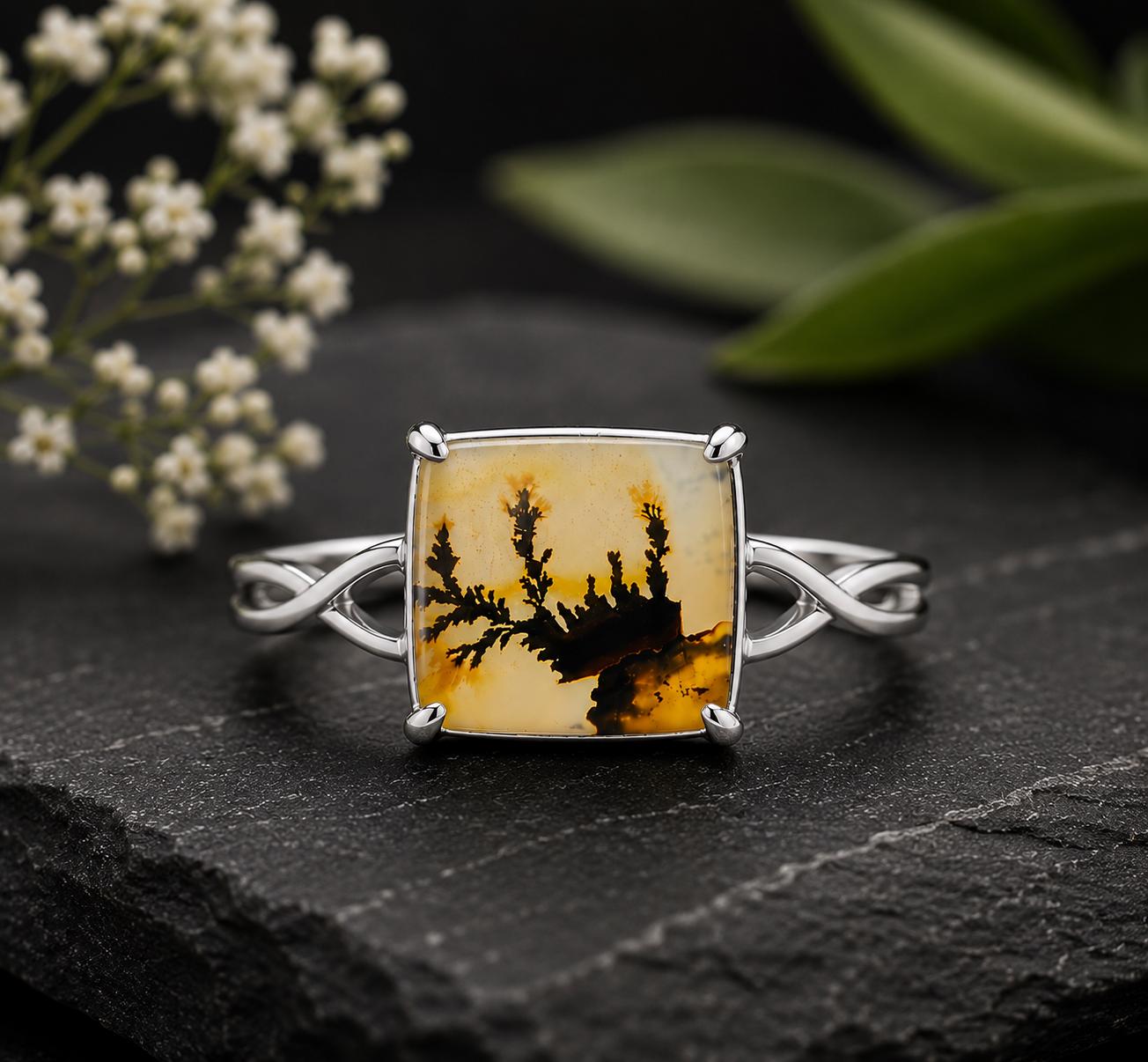 Shazar Dendrite Agate Ring, Sterling Silver Twisted Vine Band, Nature Inspired Cushion Square Cabochon