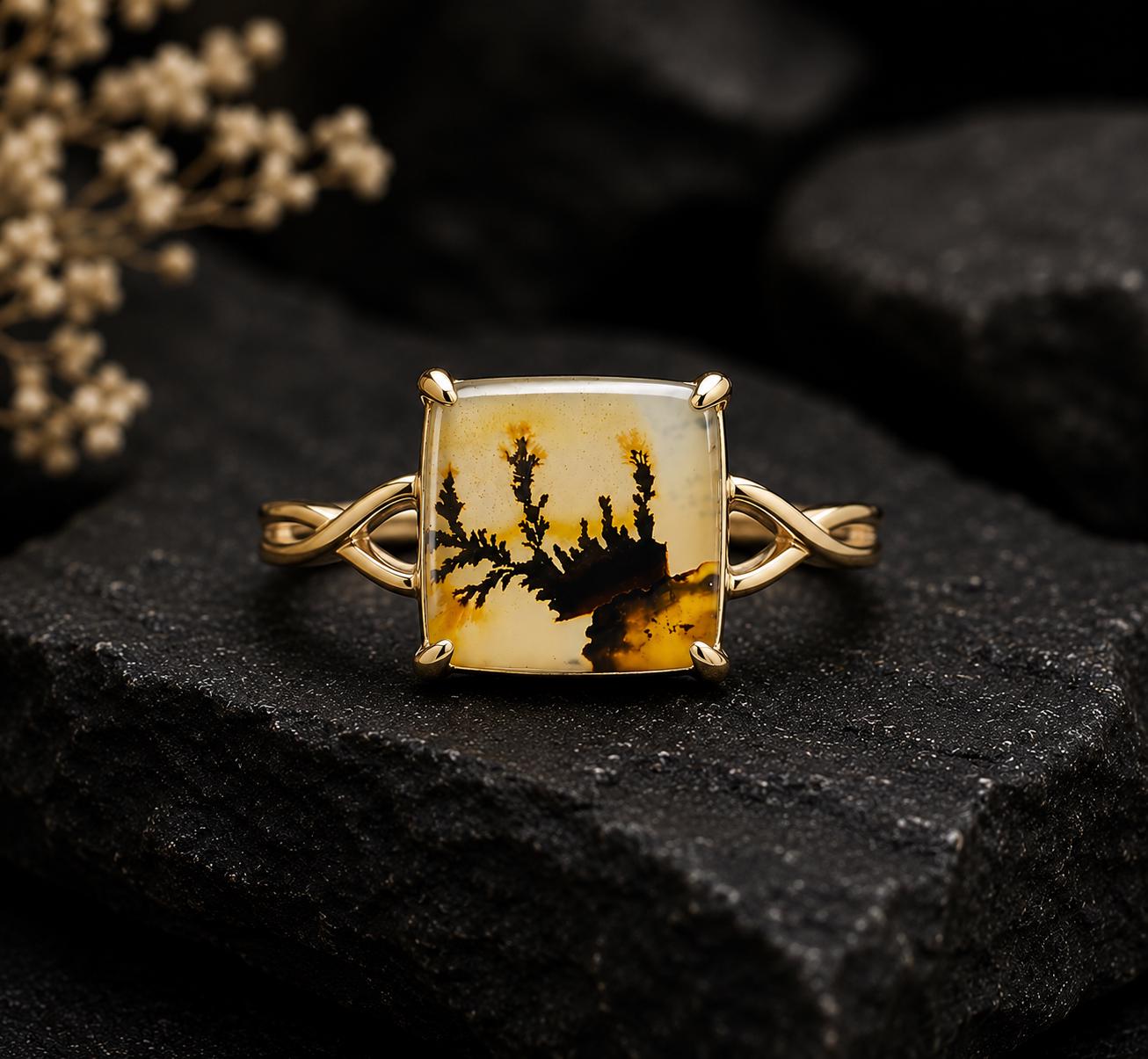 Shazar Dendrite Agate Ring, Sterling Silver Twisted Vine Band, Nature Inspired Cushion Square Cabochon
