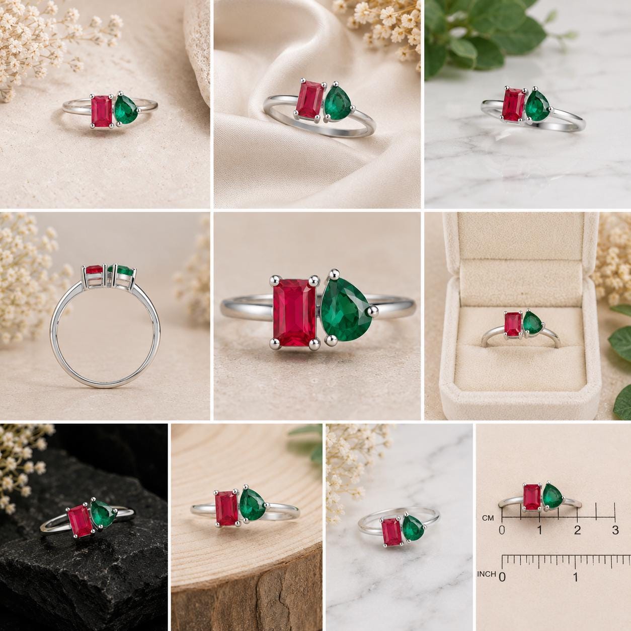 Sterling Silver Two Stone Ring, Emerald Cut Ruby, Pear Emerald CZ