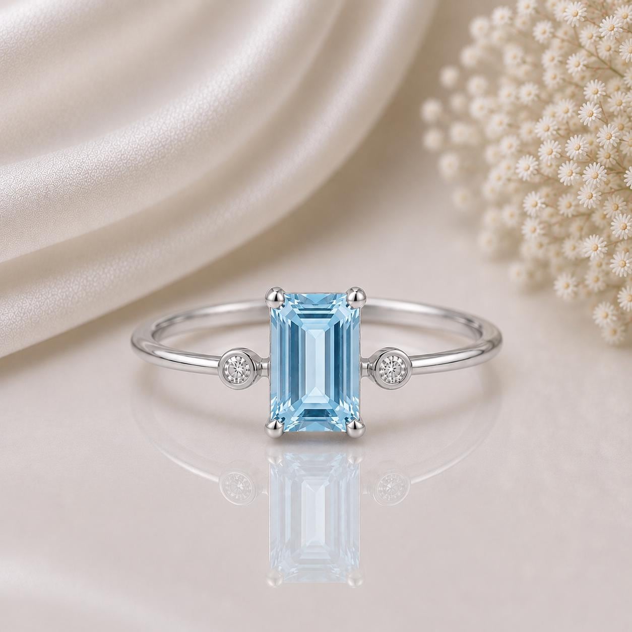 Emerald Cut Blue Topaz Ring, Sterling Silver, Moissanite Accents, Minimalist Promise Ring