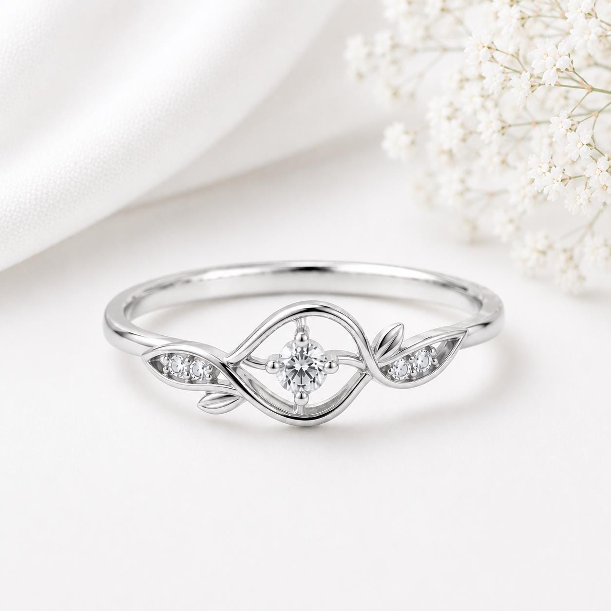 925 Sterling Silver Moissanite Leaf Vine Ring, Nature Inspired Minimalist Engagement