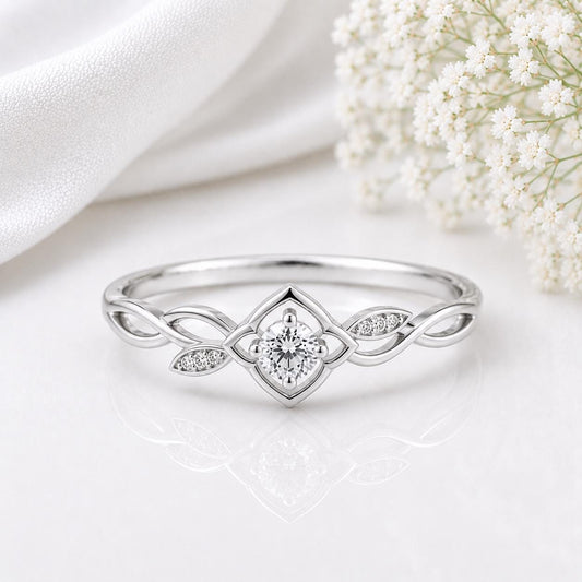 925 Sterling Silver Moissanite Leaf Ring, Nature Inspired Floral Vine Band