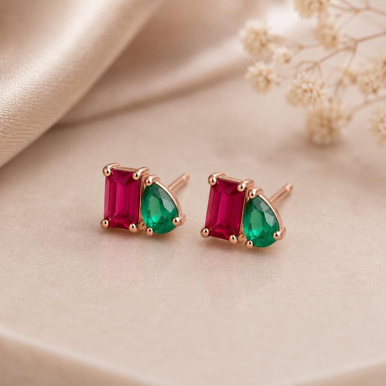 Ruby Emerald CZ Toi Et Moi Stud Earrings, 925 Sterling Silver, Handmade Minimalist Jewelry