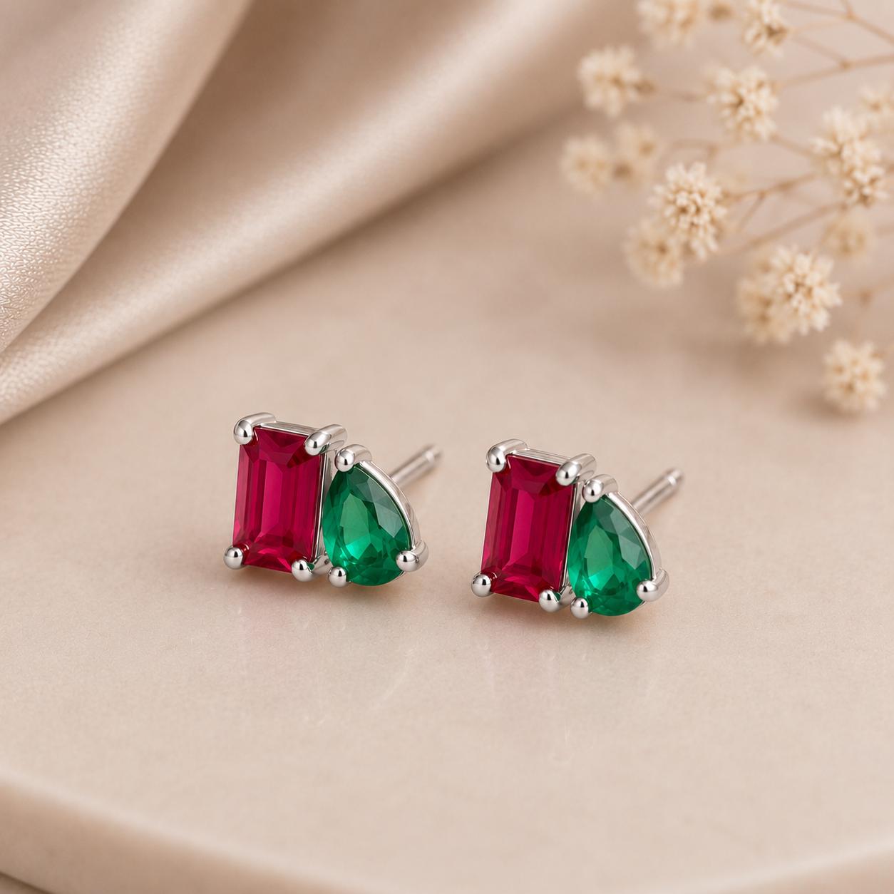 Ruby Emerald CZ Toi Et Moi Stud Earrings, 925 Sterling Silver, Handmade Minimalist Jewelry