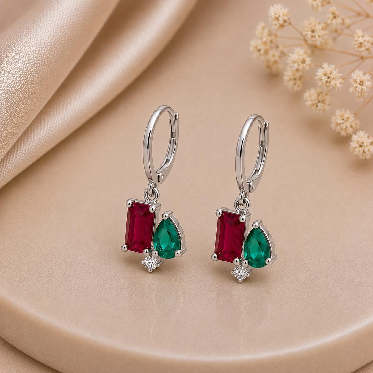 Ruby Emerald CZ Hoop Earrings, 925 Sterling Silver Dangle Toi Et Moi Jewelry