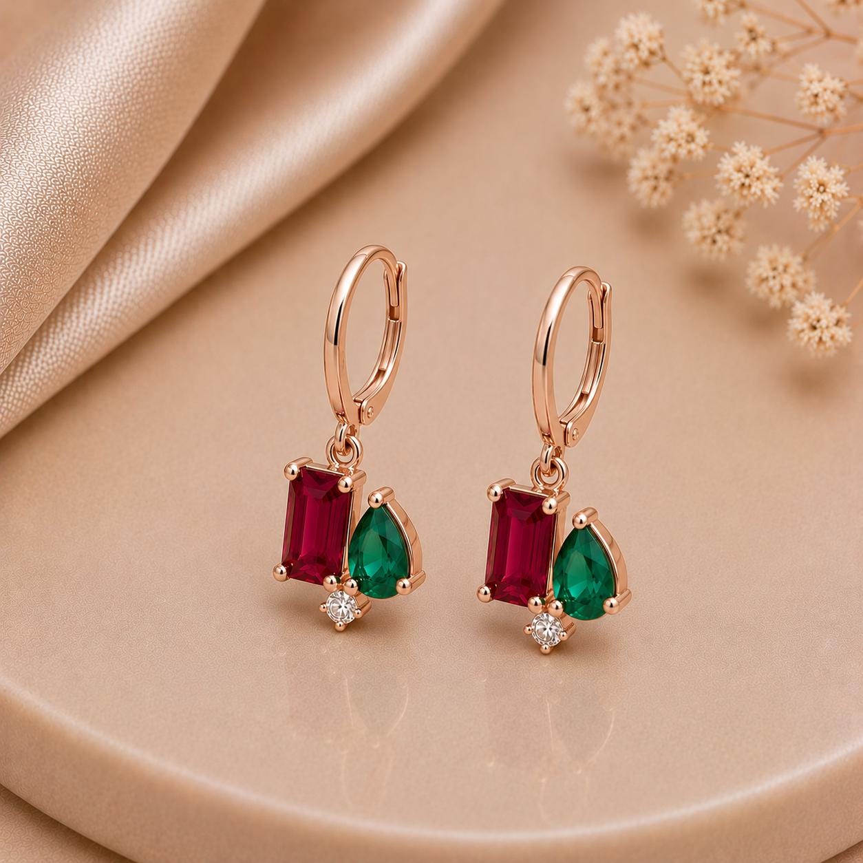 Ruby Emerald CZ Hoop Earrings, 925 Sterling Silver Dangle Toi Et Moi Jewelry