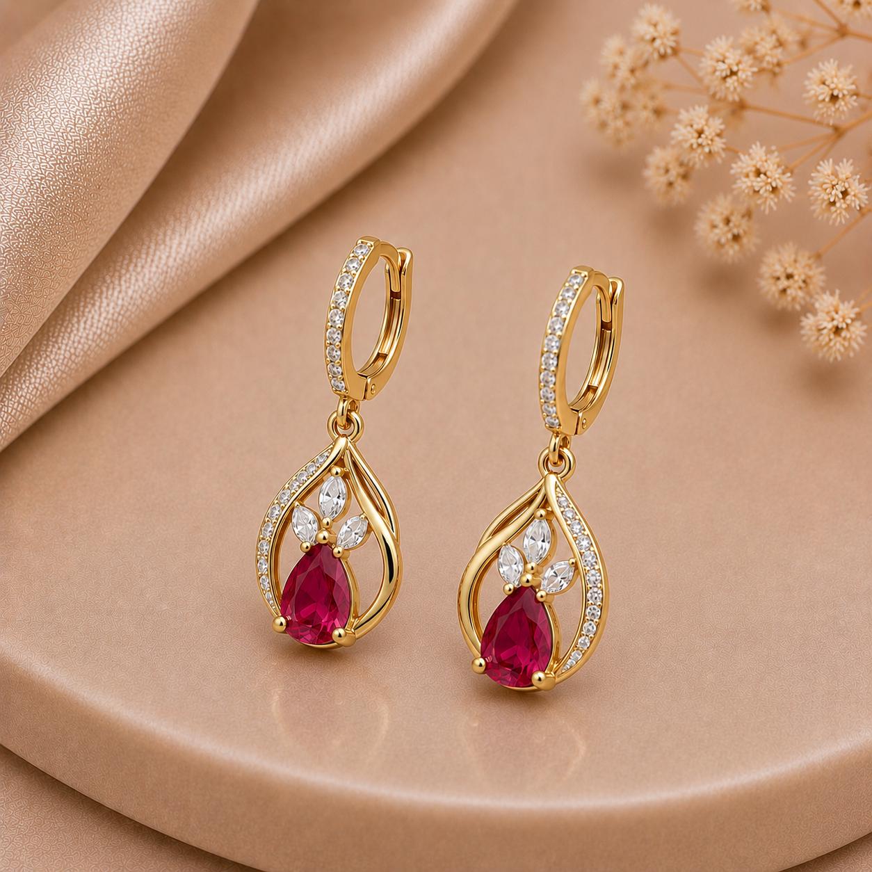 Sterling Silver Pear Ruby CZ Drop Earrings, Floral Vintage Style Jewelry