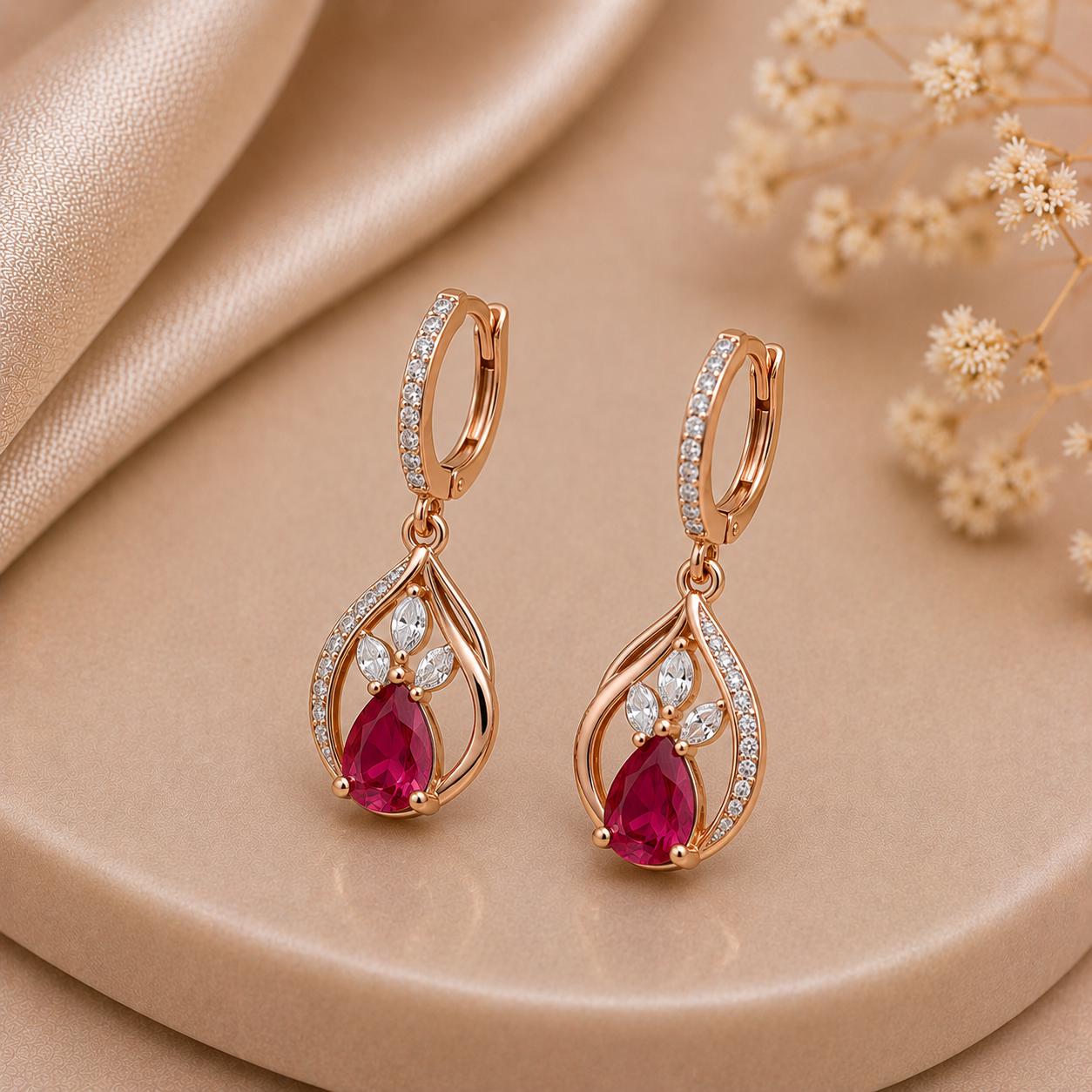 Sterling Silver Pear Ruby CZ Drop Earrings, Floral Vintage Style Jewelry