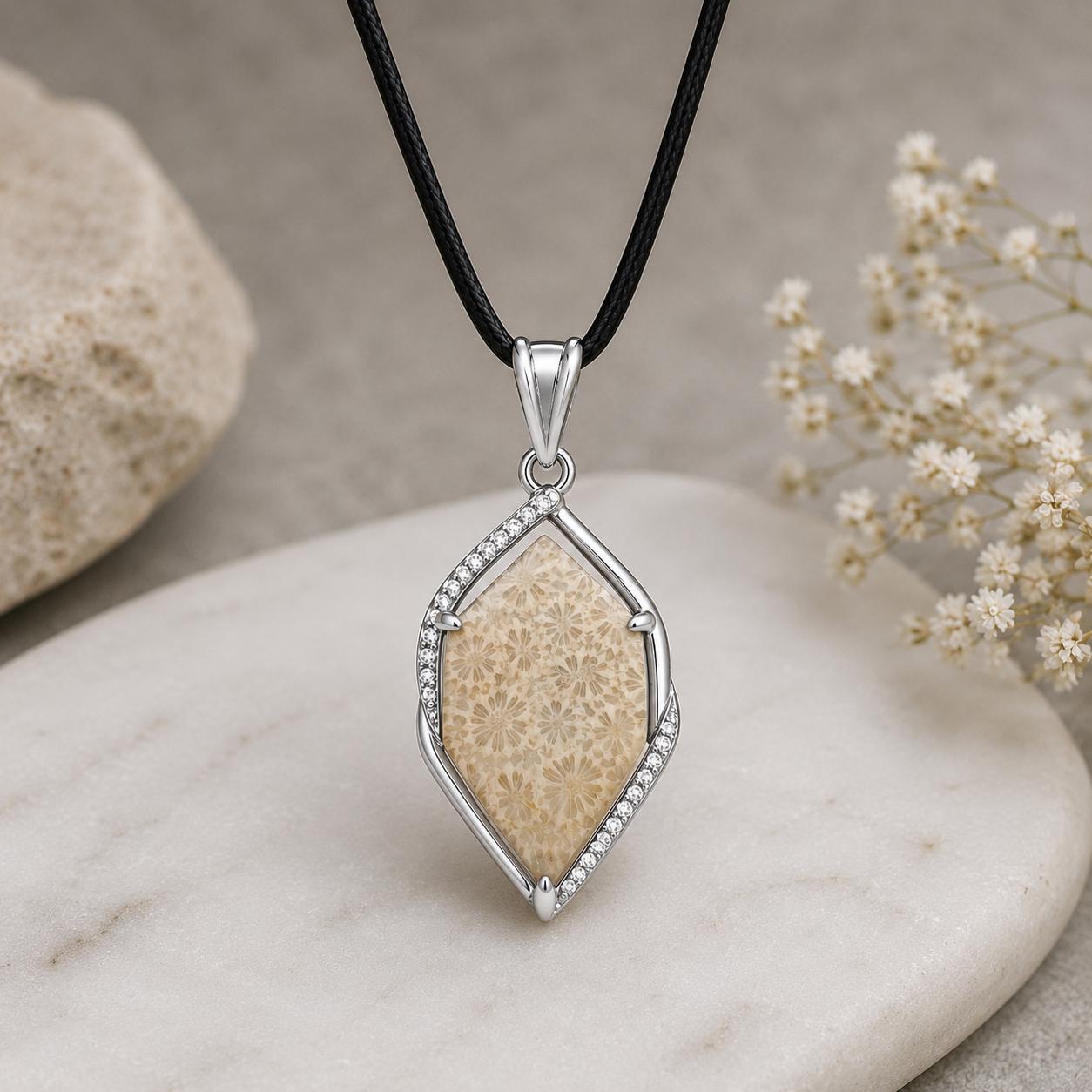Marquise Fossil Coral Pendant, 925 Sterling Silver, Nature Stone Jewelry, Artisan Pendant