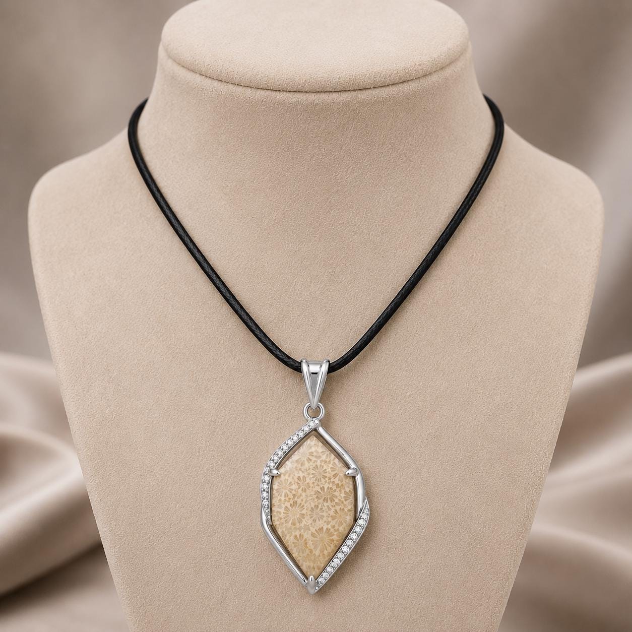 Marquise Fossil Coral Pendant, 925 Sterling Silver, Nature Stone Jewelry, Artisan Pendant