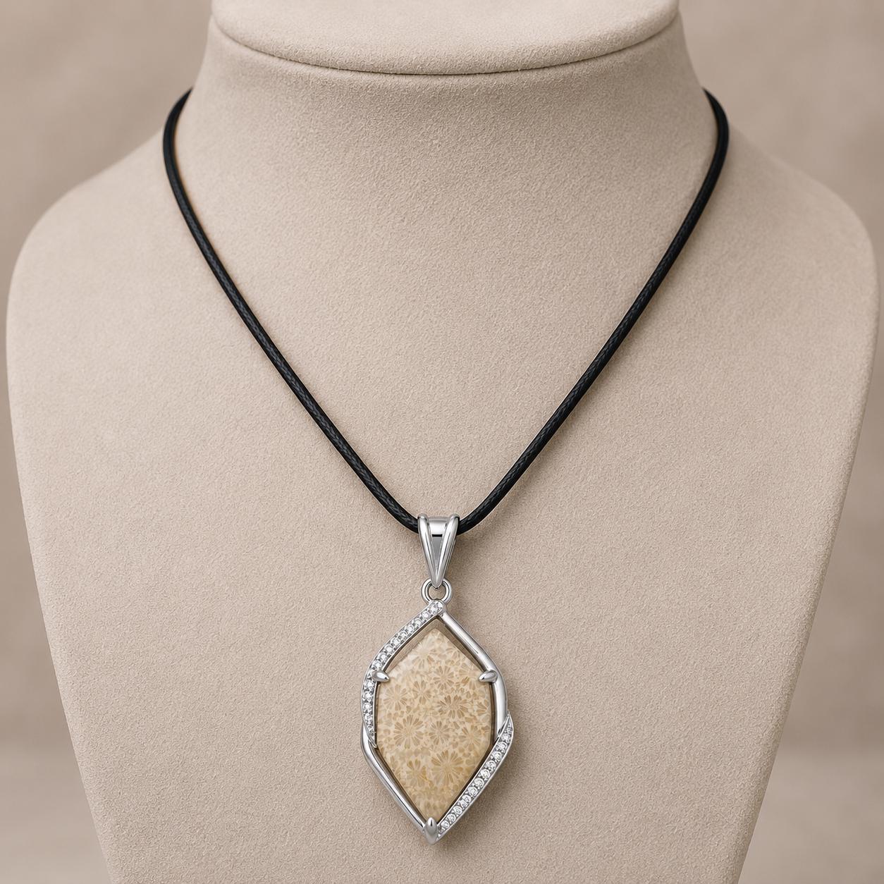 Marquise Fossil Coral Pendant, 925 Sterling Silver, Nature Stone Jewelry, Artisan Pendant