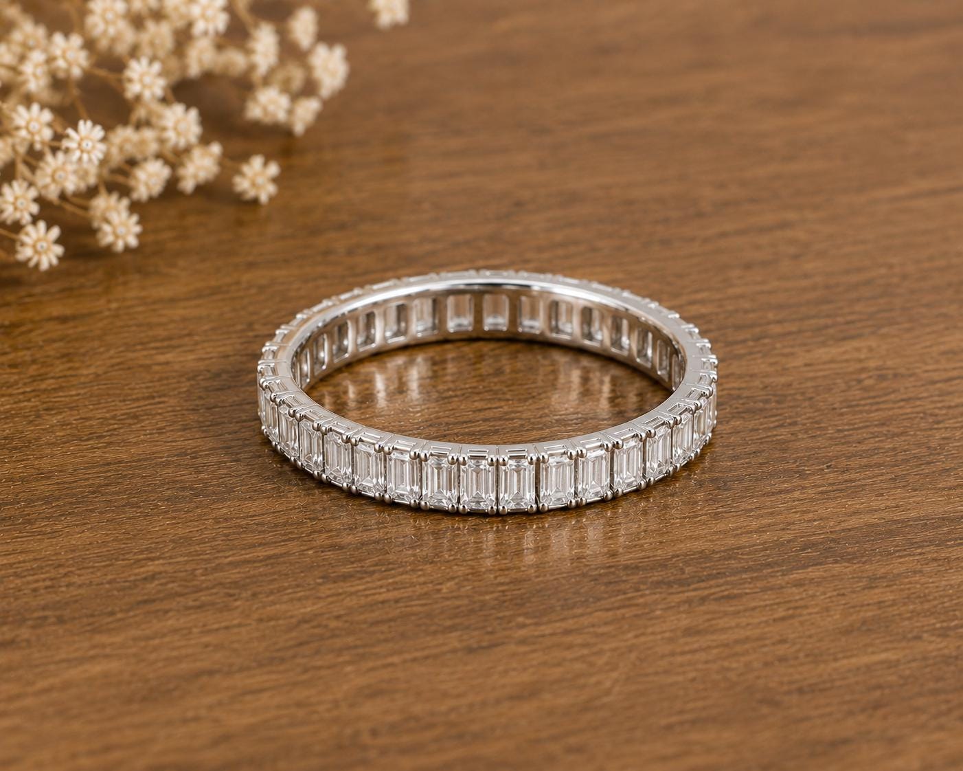 Sterling Silver Emerald Cut CZ Full Eternity Band Ring, Minimalist Bridal Anniversary Ring