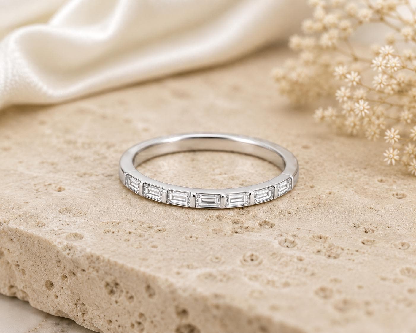 Sterling Silver Baguette CZ Ring, Minimalist Wedding Band, Stackable Anniversary Bridal Jewelry