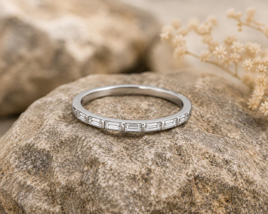 Sterling Silver Baguette CZ Ring, Minimalist Wedding Band, Stackable Anniversary Bridal Jewelry