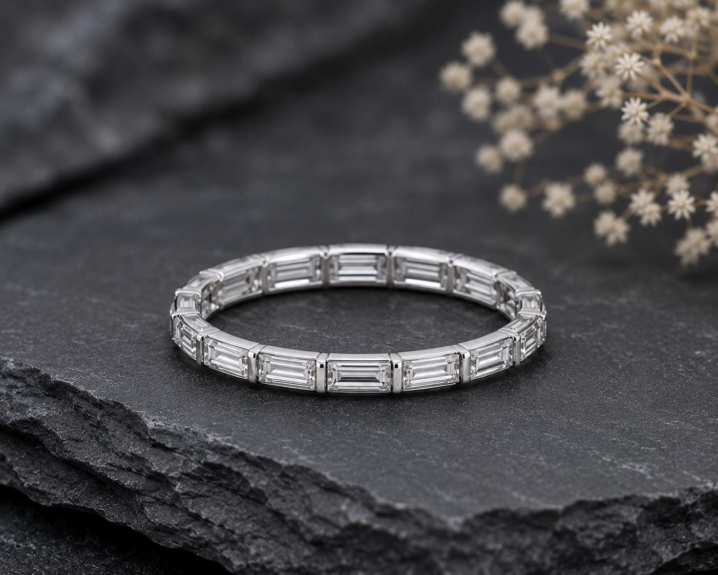 Sterling Silver Emerald Cut CZ Full Eternity Wedding Band, Stackable Anniversary Ring