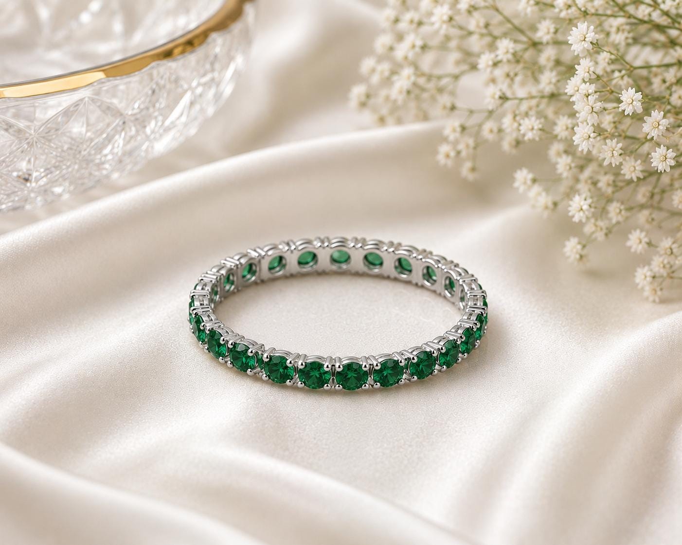 925 Sterling Silver Emerald Green CZ Full Eternity Ring, Stackable Wedding Band Gift